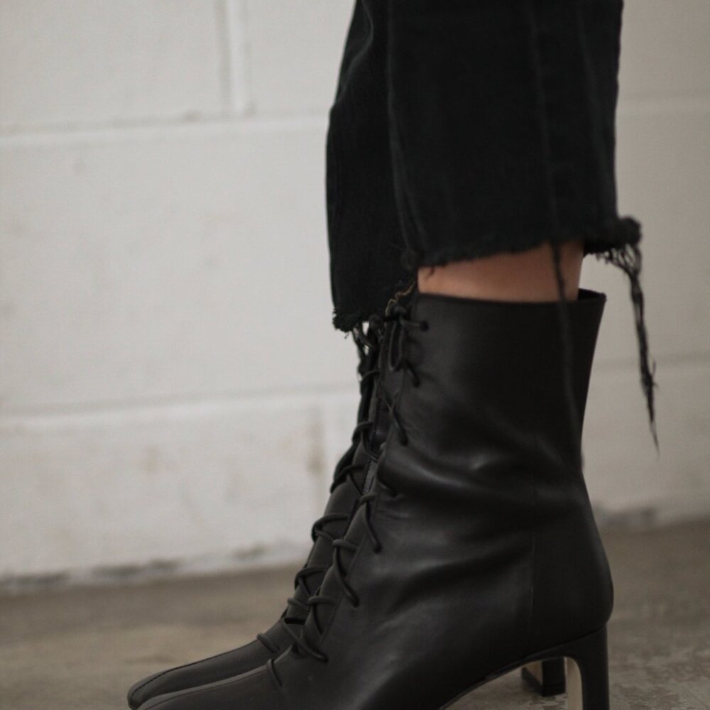 Lace-Up Square Toe Ankle Boots - Black - Picture 4 of 4